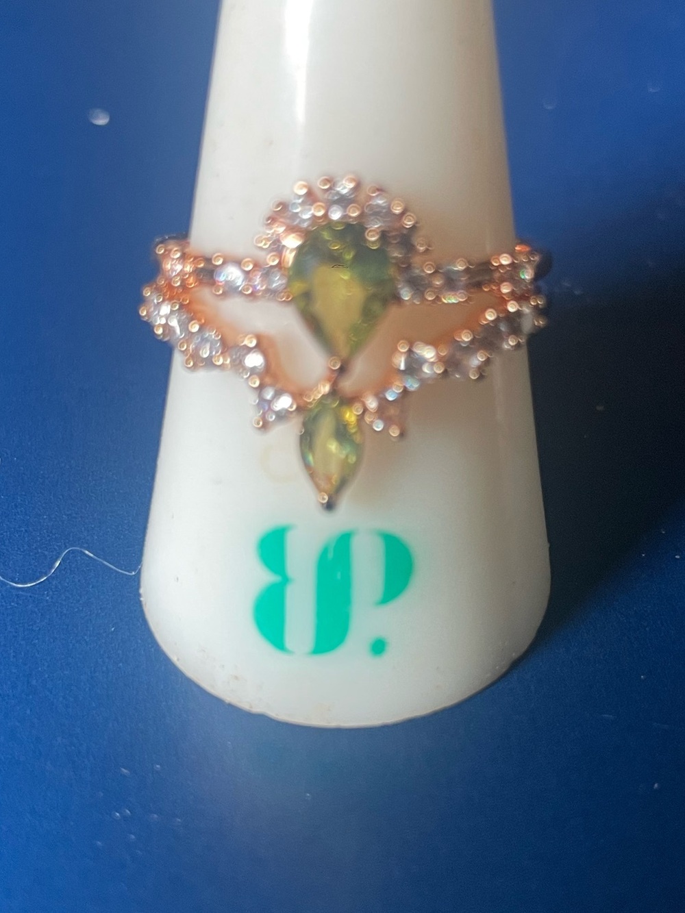 Rose Gold Ring with Green Teardrop Crystals